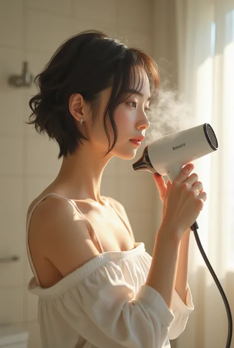 Japanese woman with short hair drying her hair with a hair dryer