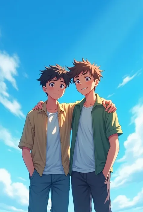 Two boy friends stand up in a beautiful blue sky