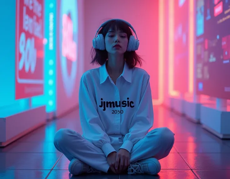 Make an image of a musician sitting on the floor with earphones and written on the white blouse "JMUSIC 2050"colorful