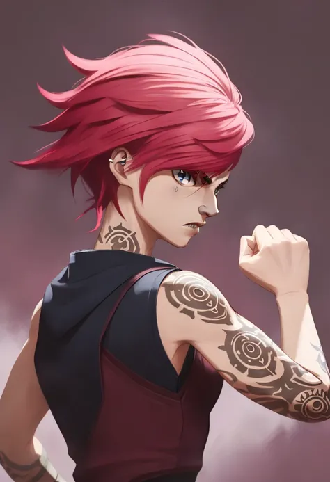 1 woman, semi-realism, alone, character Vi from Arcane, shaved hairstyle to the side, reddish-pink hair, blue eyes, cut eyebrow, tattoo on cheek, piercings, fighting pose, clenched hands, looking at viewer (( high resolution)) ((good quality))