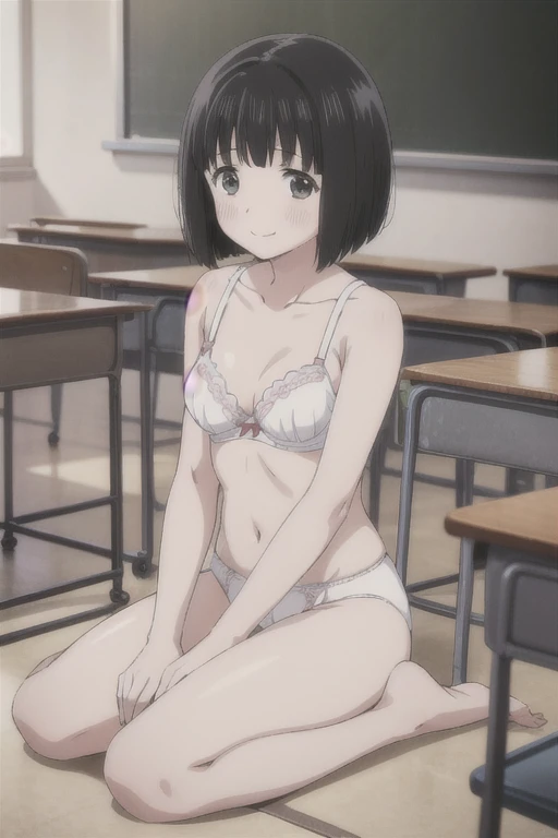 Alone,  1 girl,  Viewers, 2D, Anime, Anime coloring,  black hair、 short bob,whole body,Small breasts、 (classroom:1.3), Kogma,  cute white bra with hands on blackboard、Cute white panties、blush,smile、 sits on the floor