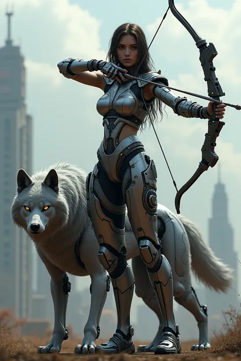 a half-robot girl carrying a bow accompanied by a wolf robot