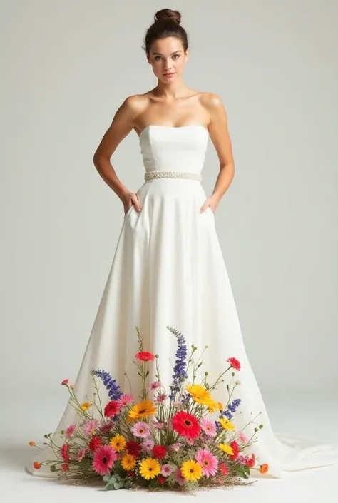 Create a white dress , strapless,  with a simple silk bodice tapered into a white beaded belt,  with a floor-length skirt .  Most of the dress is simple and discreet ,  but on the bar is an explosion of colorful wild flowers .