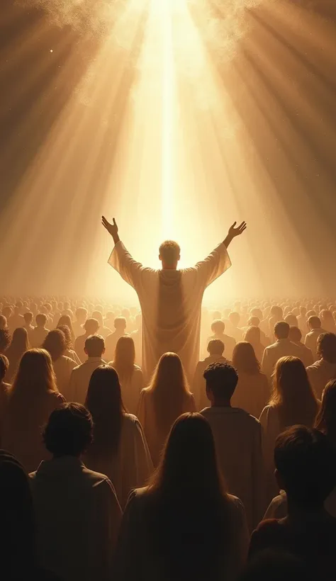 "A crowd surrounded by divine light as a man in the center raises his hands, filled with the Holy Spirit