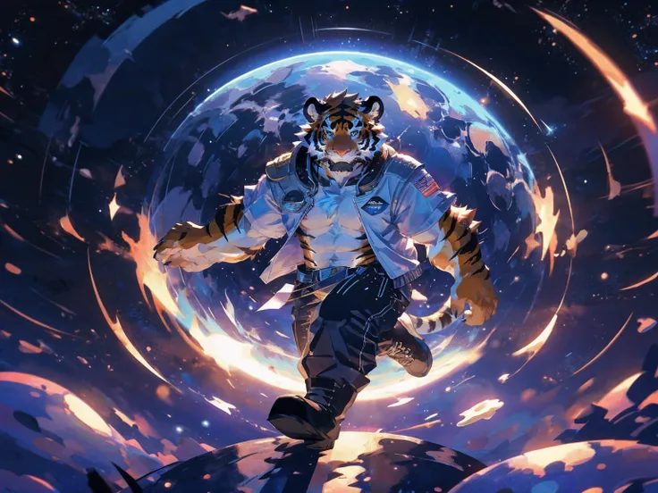 (red fur:1.3), (tiger), (Black-rimmed glasses:1.3), (masterpiece:1.2), best quality,pixiv,official art,perfect anatomy, (Ray tracing, light),solo, (1_male:1.3) , (muscle), (beard:1.2),(black cropped jacket), (naked inside), (pants:1.2), boots , (in the spa...