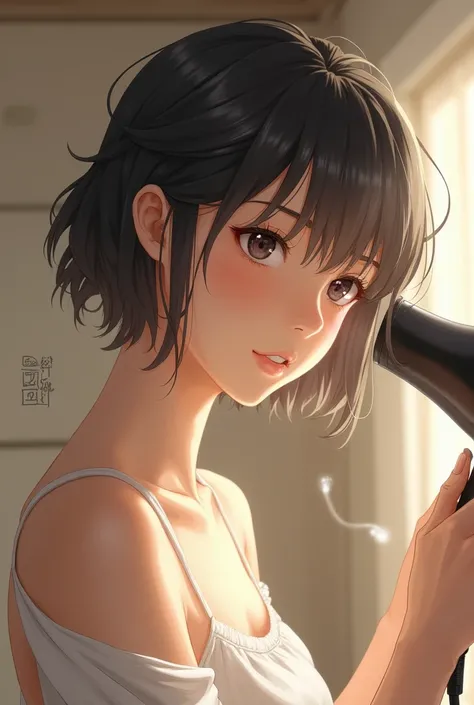 Japanese woman with short hair drying wet hair with a hair dryer