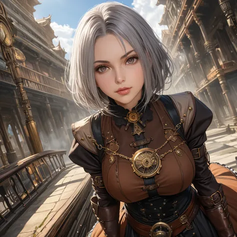 (((Steampunk))),Ultra realistic 8K scenes, picture- perfect face, flawless, clean, masterpiece,  Professional Artwork ,  famous works of art ,  perfect face,  Facial beauty, beautiful eye, (( perfect female body from a perspective)), big breasts at the tem...