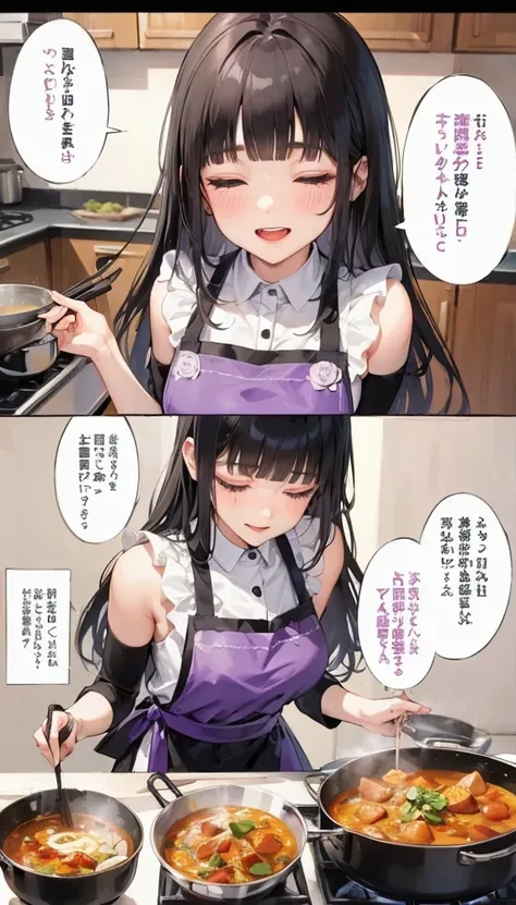 (beautiful and delicate), (immensely Delicious Cooking illustration), (cooking comic, speech bubble, frame, focus line, cooking curry, comic expression), (best sexy closed eyes) (beautiful glossy lip), ((beautiful sexy makeup)), (sexy smile), in a violet E...