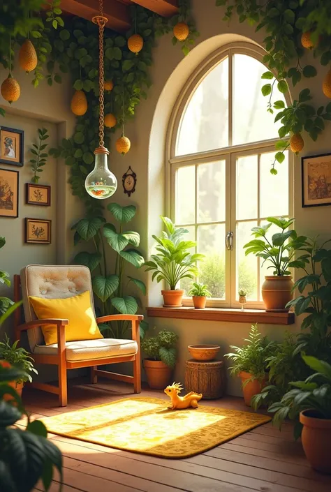 Hufflepuff Harry Potter vibes aesthetic deco room plants and dragons, header style. Beige, brown, withe and yellow. Flowers, yellow little dragon. Sun lights in a Windows.  Beige color, brown warm. Twt header large. 1500 px and 500 px.
Plants in the wall. ...