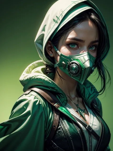 A female assassin from assassins creed, wears a white and neon green outfit, wears green color hood & face mask , 4k, mobile wallpapers, masterpiece, best quality art, digital art, portrait view, close up, green background