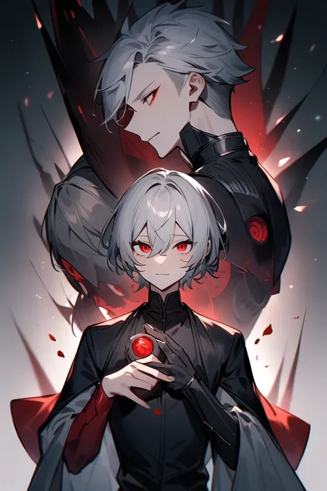 Gray Hair、 boys、18 years old、 Fantasy 、 nihilic laugh、Red Eye、 beautiful and cool、The system is narrow 、Red Eye、Alluring、Somehow tasteful 、 only part of the body is external 、