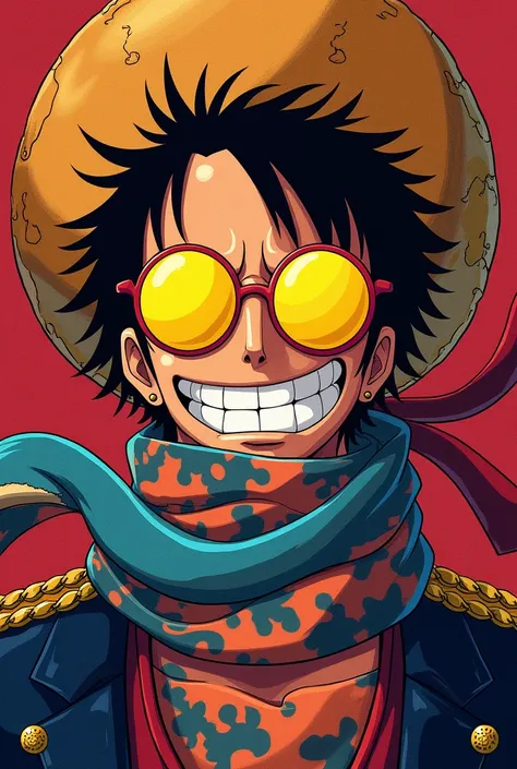 Please,  create a pirate one-piece flag with Admiral Kizarus glasses, With the Katakuri scarf and the cover of Doflamingo 