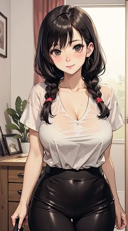  Close-up of a housewife cleaning her room, Eyes not looking at the camera , Shy look, Blushing mother, A braid,  smooth skin,  very detailed clothes , funny suit , Very high detail, Random motion, Interior scene,  big breasts ,  happy , type, Mature Woman...