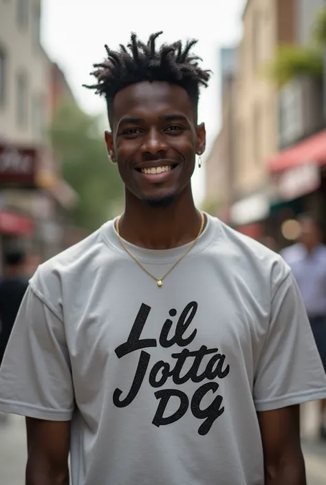 A black man with a written shirt : Lil Jotta Dg 