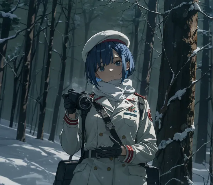 One woman、Cool woman、 detailed face 、Dark blue hair、Outward-swept short cut、White Beret、White neck warmer、 white military uniform、Black Gloves、 black boots、The body is facing sideways、, his face is facing here、snow、snow景色、吹snow、 looking at camera、Straight ...