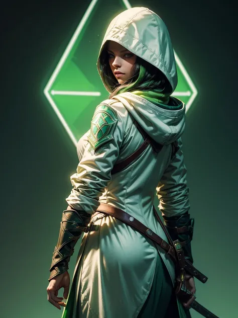 A female assassin from assassins creed, wears a white and neon green outfit, wears green color hood & face mask , 4k, mobile wallpapers, masterpiece, best quality art, digital art, BACKSIDE view, close up, green background