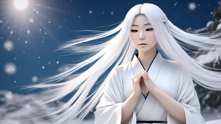 A high quality animated image of Yuki-onna, a character from Japanese folklore. She is a Japanese woman in her twenties with long white hair, a beautiful face and very fair skin. She is wearing a traditional Japanese white kimono. She is blowing white brea...