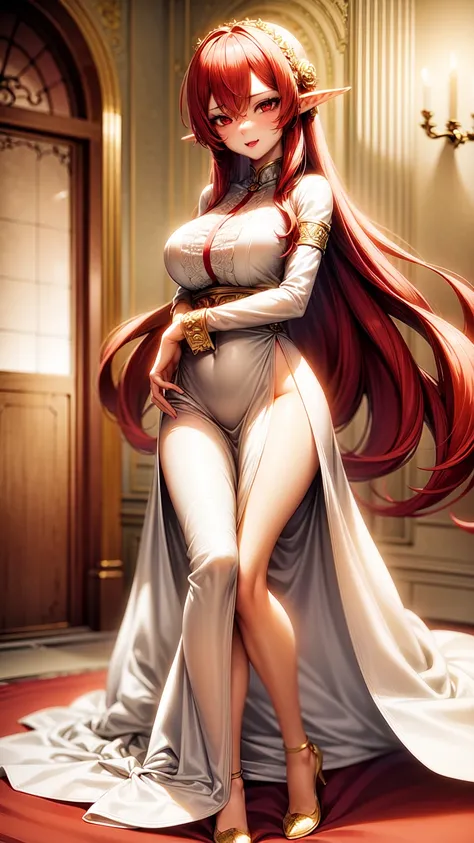 Chica anime,red eyes, red hair ,Elf ears,eleven, white dress ,long skirt,Milf,adult woman, long hair , wavy hair ,beautiful,Seductive face, seductive face ,Dressed like an angel, with gold detail on the waist , with transparent lace sleeves,with gold arran...