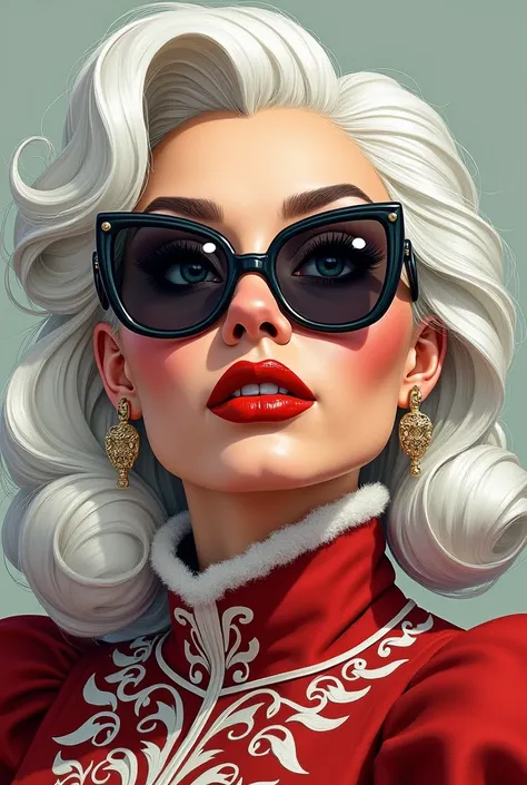 Mrs. Claus cool , translucent dark glasses ,  white hair illustration neotraditional style