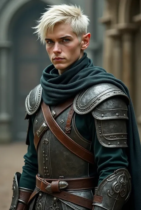 Tall white man with blue eyes with ashy hair, his face is an elf type in medieval warrior clothes, he looks young, about 28 years old. 