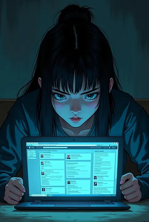 A manhwa style scene of a korean girl names hirai, her expression is fierce and focused as she scrolls through a glowing laptop screen displaying an online forum with leaked information about a K-pop idol named Mingyu. The atmosphere is tense and eerie, wi...