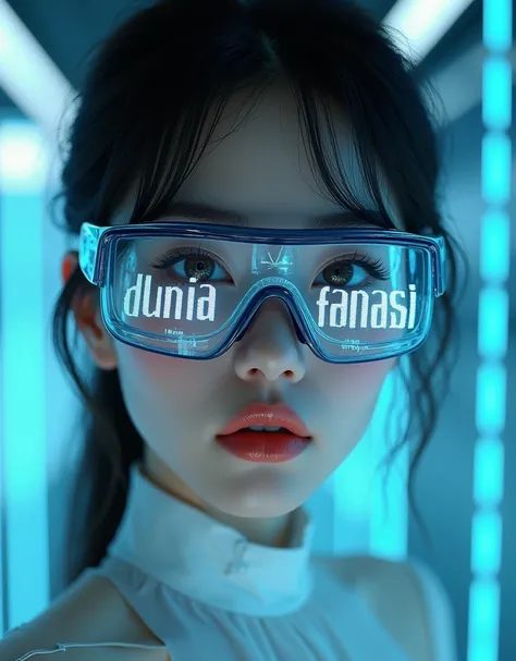 (work: 1.2, Excellent Quality, mirror-like, cinematic experience), 8k, wallpaper, Ray Tracing, (female), Standing, (美しいfemale, beautiful Korean), (Wearing futuristic cyber glasses: 2.0, Data displayed on the glasses reads "Dunia Fantasi":2.0, Glasses detai...