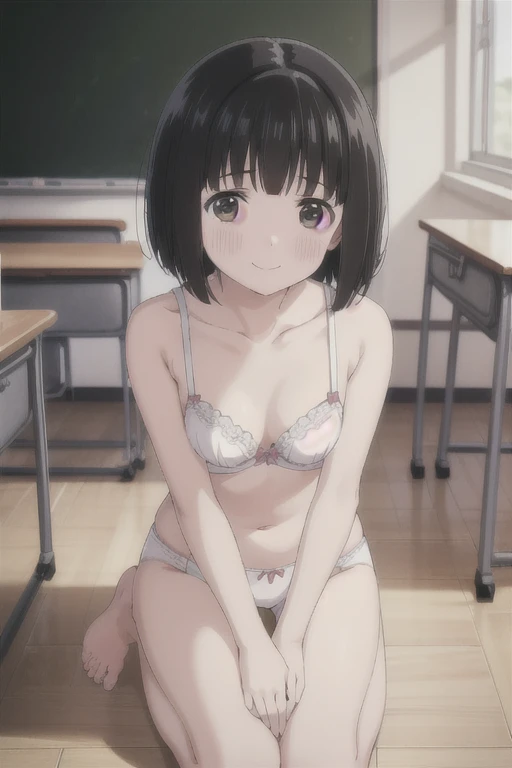 Alone,  1 girl,  Viewers, 2D, Anime, Anime coloring,  black hair、 short bob,whole body,Small breasts、 (classroom:1.3), Kogma,  cute white bra with hands on blackboard、Cute white panties、blush,smile、 sits on the floor、 gym sitting