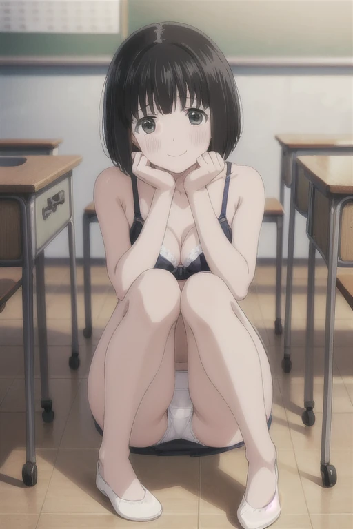 Alone,  1 girl,  Viewers, 2D, Anime, Anime coloring,  black hair、 short bob,whole body,Small breasts、 (classroom:1.3), Kogma,  cute white bra with hands on blackboard、Cute white panties、blush,smile、 sits on the floor、 gym sitting