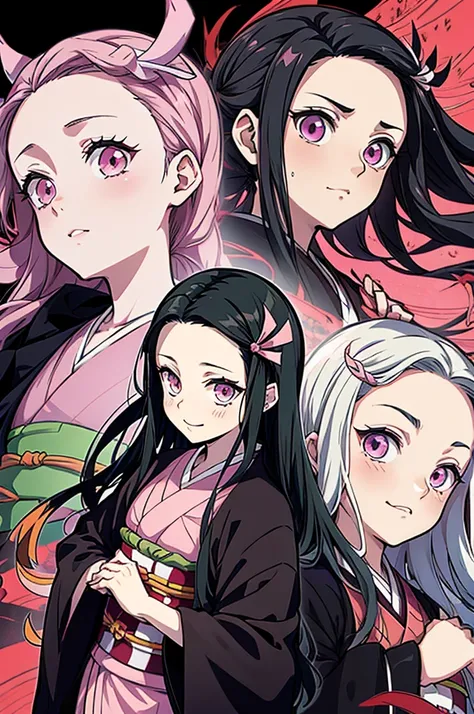 Anime,Kamado Nezuko,Demon Slayer series,Anime series , Four broad heads,Pink Eyes,Pink kimono with green and black obi, Long black hair