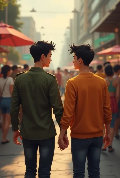 imagine an 5,6 tall myanmar 20 year old handsome guy wearing uniform army and 5,6 tall Philippine 18 year old pretty guy wearing orange sweater holding hands while walking in crowded place
