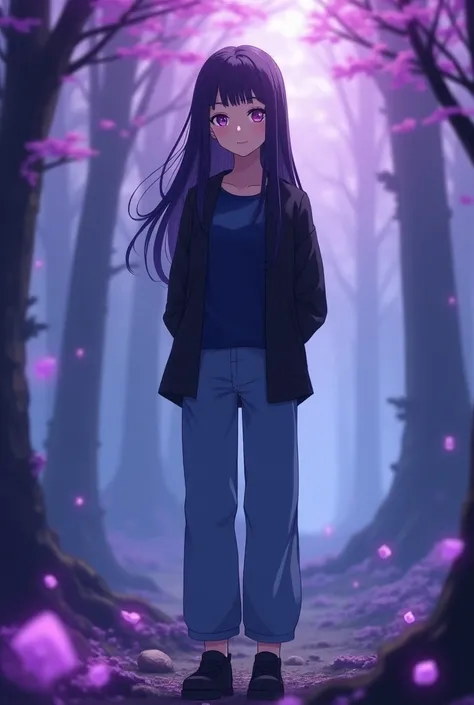 anime style, female character with long dark purple hair, purple eyes with hints of yellow and red, fair skin, dark blue shirt, black jacket, light blue long pants, black shoes, height 1.78 meters, standing in a mystical forest with dense mist, surrounded ...