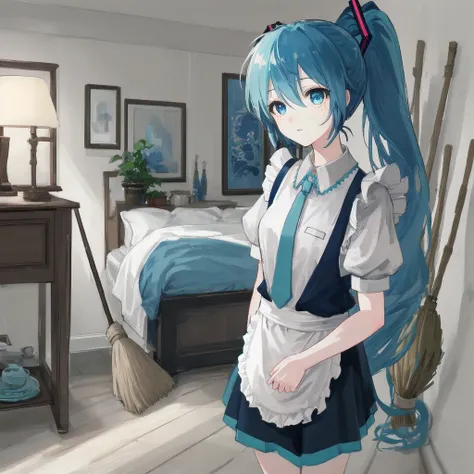   masterpiece ,  best quality , highly detailed, portrait, 1 garota,  hatsune miku,  long vibrant blue hair ,  high ponytail , blue eyes,  soft smile with closed lips, freckles, light skin,  uniform maid , white apron,  short puffy sleeves, slipper,  blue ...