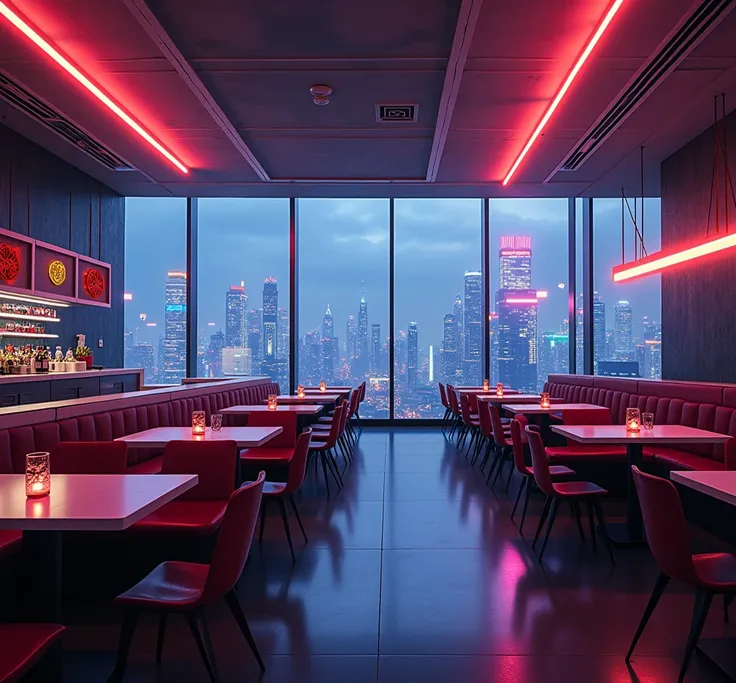 cyberpunk futuristic modern cybernetic cafeteria, neon light, night windows, night, no people inside, 5th floor height, bar, futuristic city view, full of tables