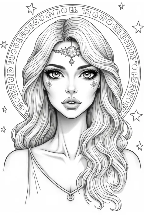 Line drawing of a woman with a mysterious expression,  with a crescent moon-shaped tiara adorning her forehead .
 Her long, wavy hair is filled with stars ,  with some locks looking like steam or moondust .
 Her eyes are large and enveloping ,  with a subt...