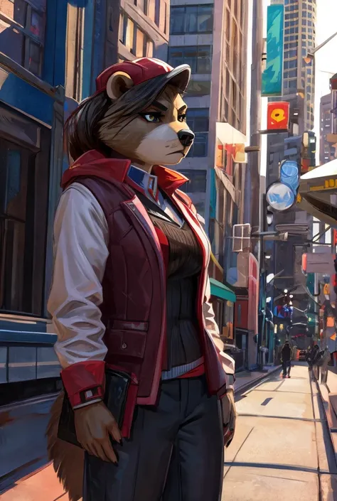 female Canadian beaver anthro wearing modern Vancouver attire, serious