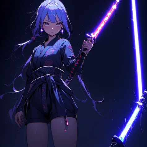 1girl,((( Best Composition 、 best quality、 masterpiece、Super detailed、 high definition、32K,CG,HHD))),Oiran、((( Im wearing a lightsaber around my waist))),Neon light background 、The moment Im waving my lightsaber、