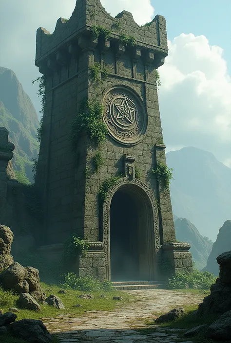 It creates a crumbling tower at its entrance there is an ancient symbol that matches a stone in the ground