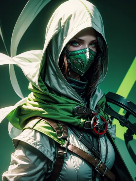 A female assassin from assassins creed, wears a white and neon green outfit, wears green color hood & face mask , 4k, mobile wallpapers, masterpiece, best quality art, digital art, portrait view, close up, green background