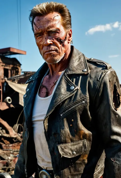 masterpiece, showing the Terminator character in the foreground, from head to toe, aged, 70 years old, white hair, he is standing on a scrap metal.  He is visibly worn out.  His face is covered in deep wrinkles and scars, with areas where the skin is torn,...