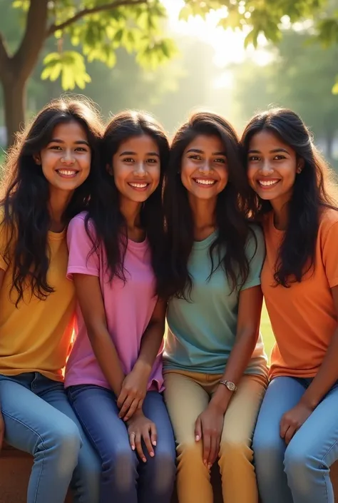 The picture of four friends.everyone is fair. at one friend t-shirt It is written sushmita at one friend t-shirt there is written Kritika. at one friend t-shirt there is written sayara. at one friend t-shirt there is written prasamsha . They all are wearin...