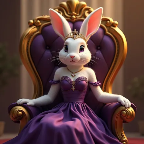 "A graceful digital rabbit queen sitting elegantly on a luxurious golden throne, dressed in a flowing deep purple satin gown. Her throne is adorned with intricate carvings, and the backrest features the words Digitalmente Real in bold, elegant gold script....