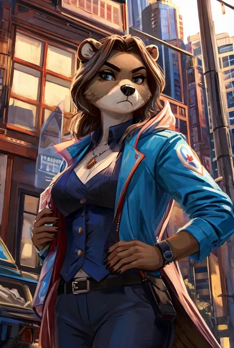 female Canadian beaver anthro wearing modern Vancouver clothing, serious