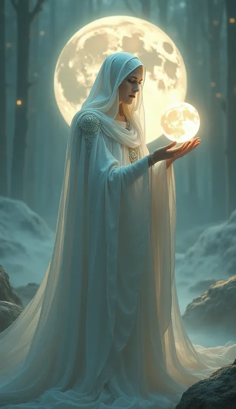  A serene and mysterious-looking god , wrapped in a silver cloak ,  holding a waxing moon that exudes a soft and mesmerizing glow.