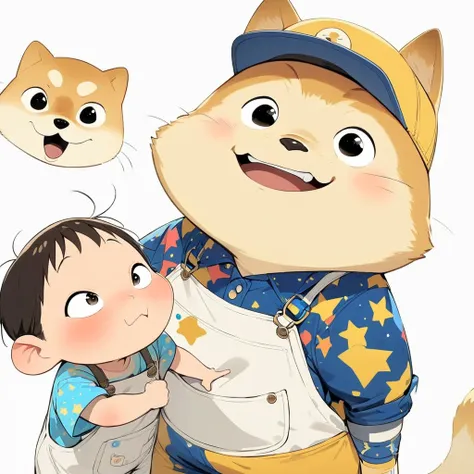 (masterpiece,  best quality:1.2),  anime-style character design。  pure white background ， one boy talking to Shiba Inu , Big Eyes， cute expression ， cap，Star pattern shirt ， Overalls， white sneakers，stand， funny， funny， clean lines 