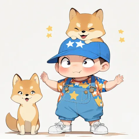 (masterpiece,  best quality:1.2),  anime-style character design。  pure white background ， one boy talking to Shiba Inu , Big Eyes， cute expression ， cap，Star pattern shirt ， Overalls， white sneakers，stand， funny， funny， clean lines 