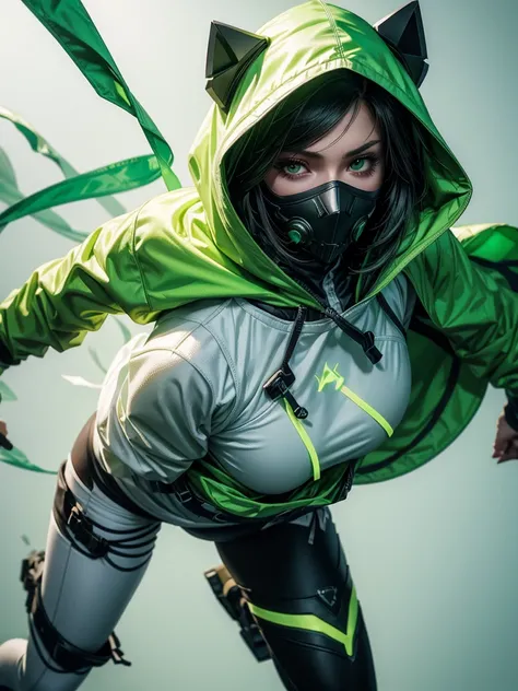 A female assassin, wears a white and neon green full body outfit, wears green color hood & face mask , 4k, mobile wallpapers, masterpiece, best quality art, digital art, portrait full body view, close up, green background