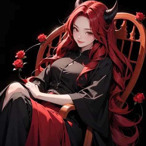 Mysterious black background with red roses all around
One woman with long red hair sitting on a throne
primary color、devil、Black Horn、A triumphant smile