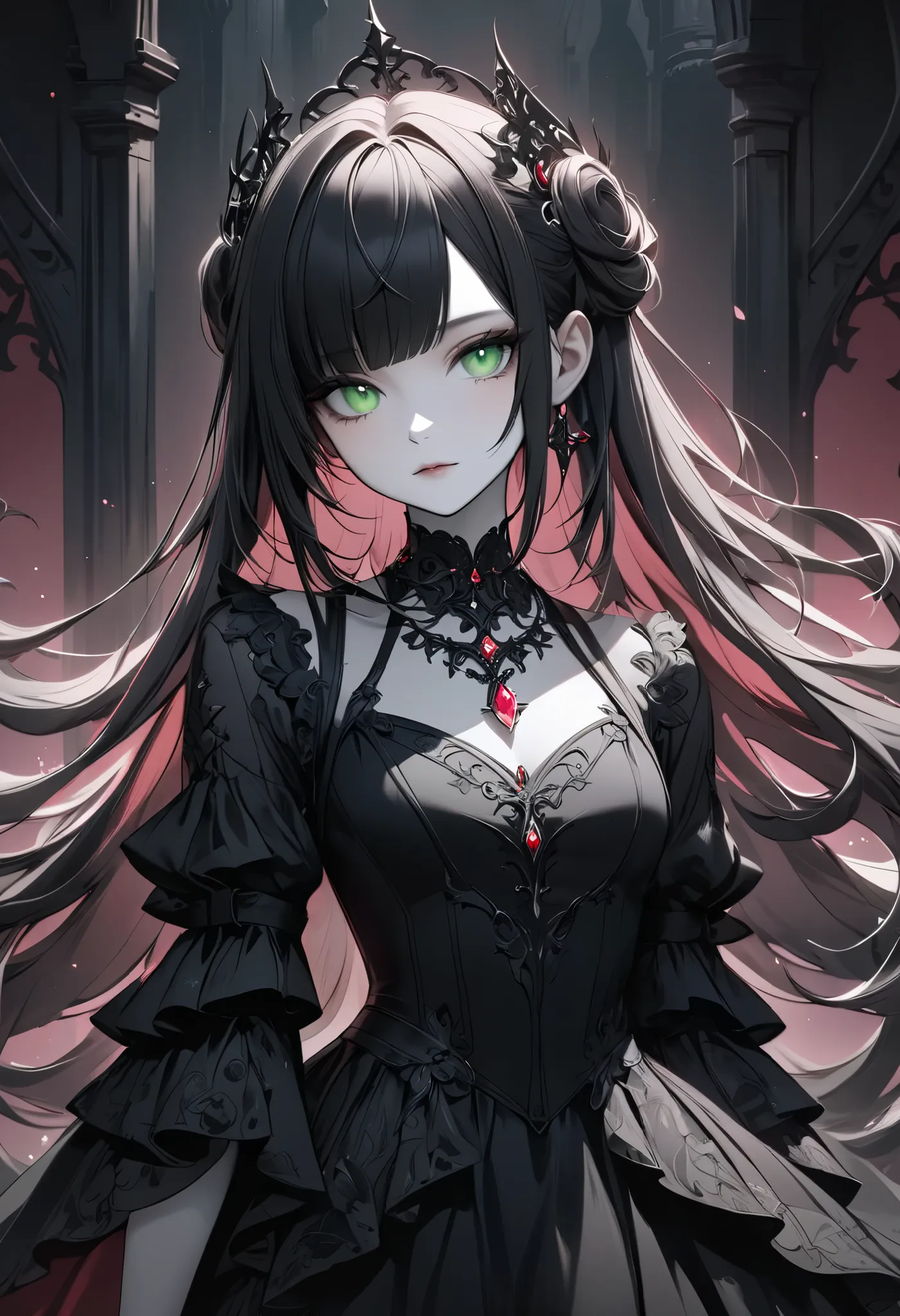 masterpiece, best quality, ultra-detailed, dark gothic,drkgirl, striking black-and-white hairstyle. their long hair is rendered ...