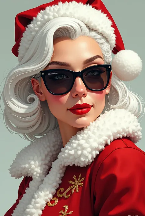 Mrs. Claus cool , translucent dark glasses ,  white hair illustration neotraditional style