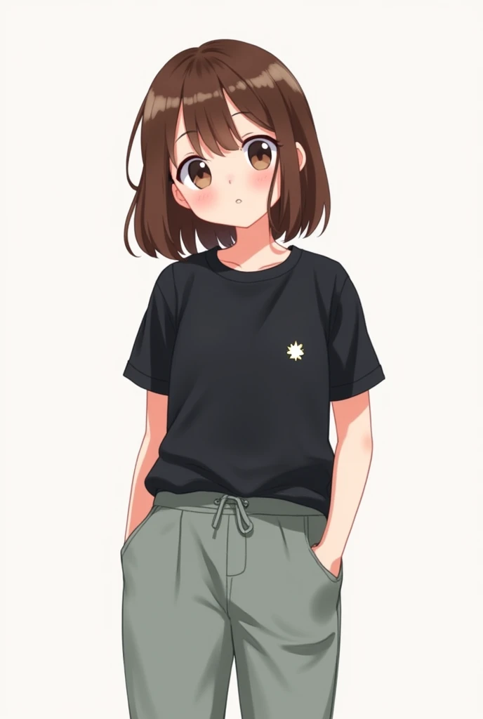 Kawaii 
 pants, Simple An asterisk shirt black, Brown hair, cute girl